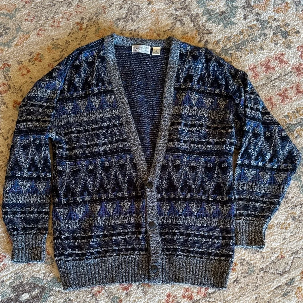 Method Vintage Geometric‎ Knit Cardigan Sweater XL Blue Gray Grandpa Cozy Boho